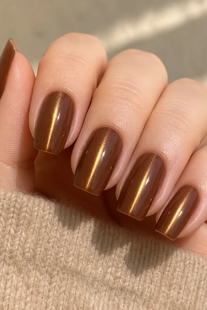Five nails shown with a warm milk-chocolate brown base. Each nail has one crisp, vertical cat-eye streak down the center, reflecting a thin golden line under the light. The top coat is glossy and smooth, with no extra designs.