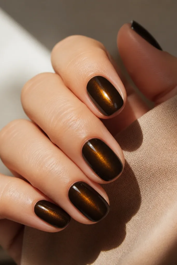 A set of short oval nails in very dark espresso brown. The magnetic streak looks amber-gold and starts bright near the middle, fading slightly toward the tip. Glossy finish, no nail art beyond the cat-eye.