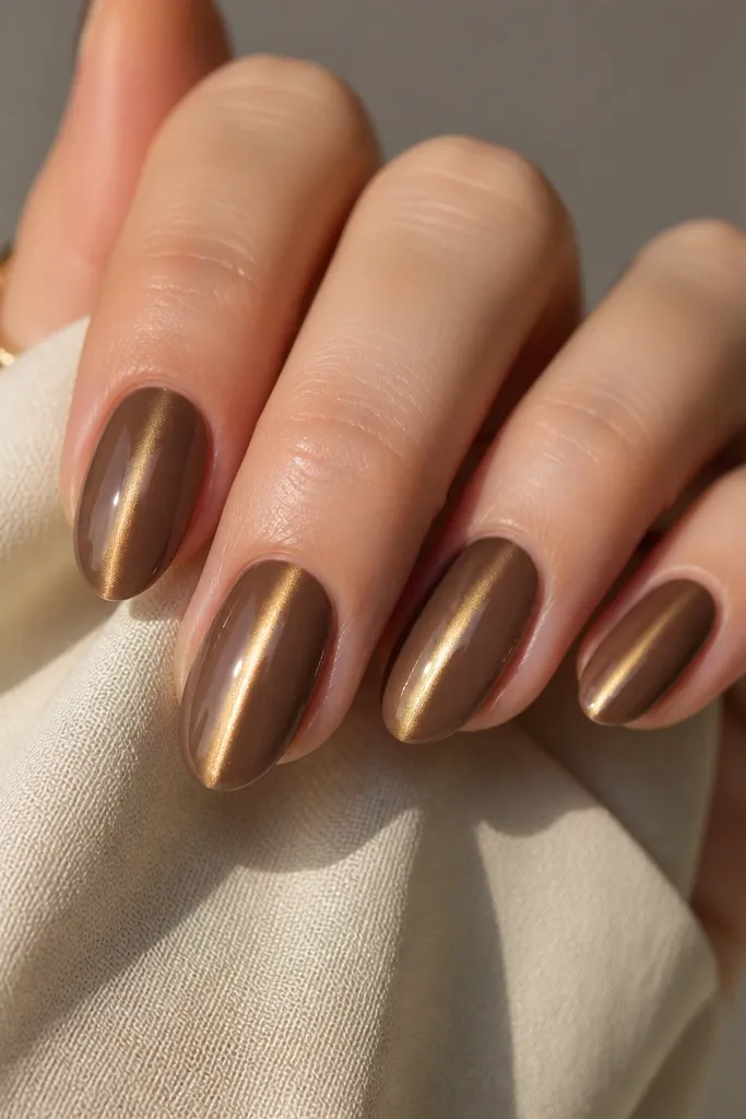 Short almond nails in warm taupe-brown. Each nail has a bright gold cat-eye streak that looks like a spotlight beam, very narrow and centered. The nails are glossy and clean.
