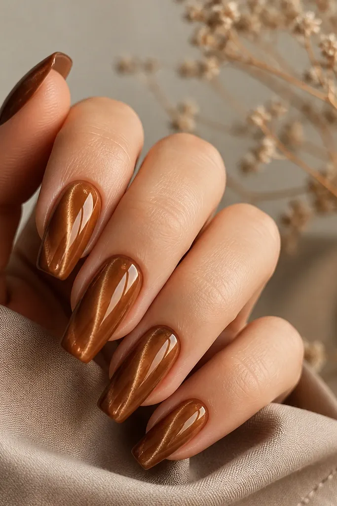 Medium coffin nails in caramel brown. There's a cat-eye streak that looks doubled: a brighter line in the center and a softer shadow line beside it. Glossy top coat.