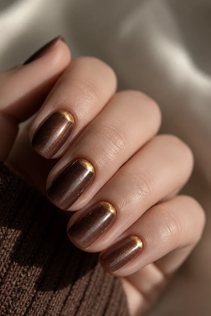 Nails are a deep chocolate brown. At the cuticle area, there's a curved cat-eye crescent that glows gold, like a half-moon reflection. The rest of the nail is a softer brown shimmer with no extra art.