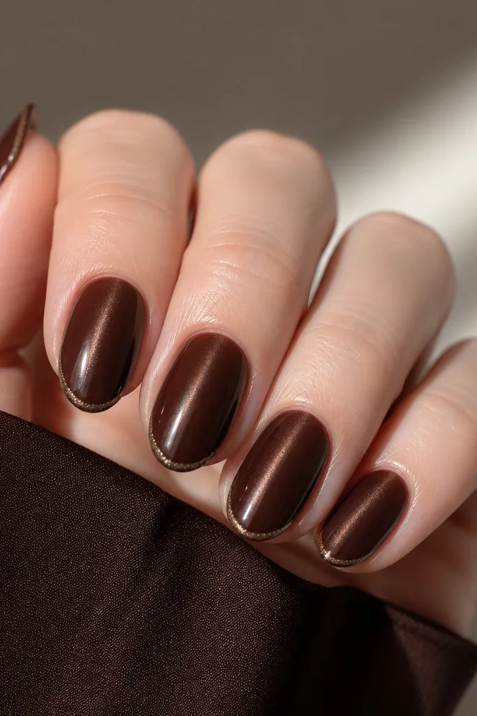 Cocoa brown nails with a centered cat-eye streak. Along the very tip edge, there's a thin line of fine brown-gold micro glitter, like a delicate French tip. Glossy finish.