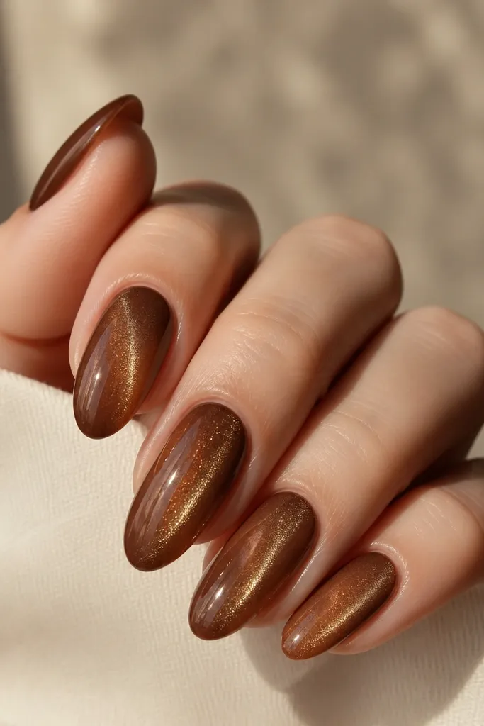 Almond nails in mocha brown. The cat-eye line sits slightly off-center, sweeping toward the outer sidewall. The shimmer is golden and looks like a slanted beam. Glossy finish.