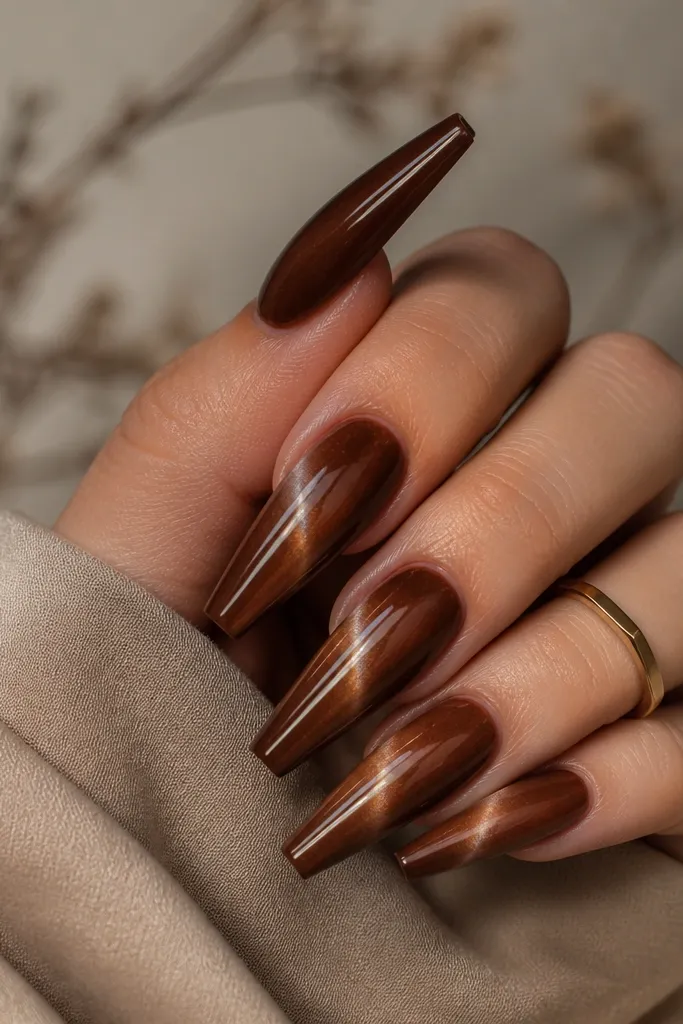 Coffin nails in caramel brown. Instead of a straight vertical line, the cat-eye beam is diagonal from lower center toward upper left. The line is thin and sharp, glossy top coat.