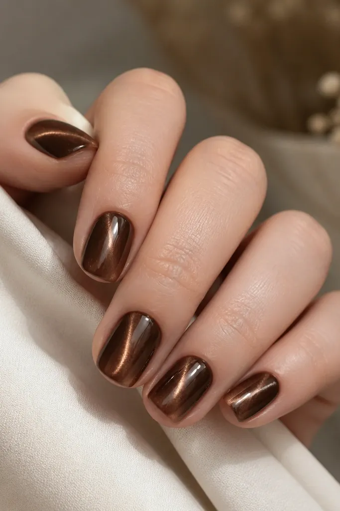Short square nails in dark brown. The cat-eye line looks like it has a bright center with a slightly dimmer channel around it, like a hollow beam. Glossy finish.