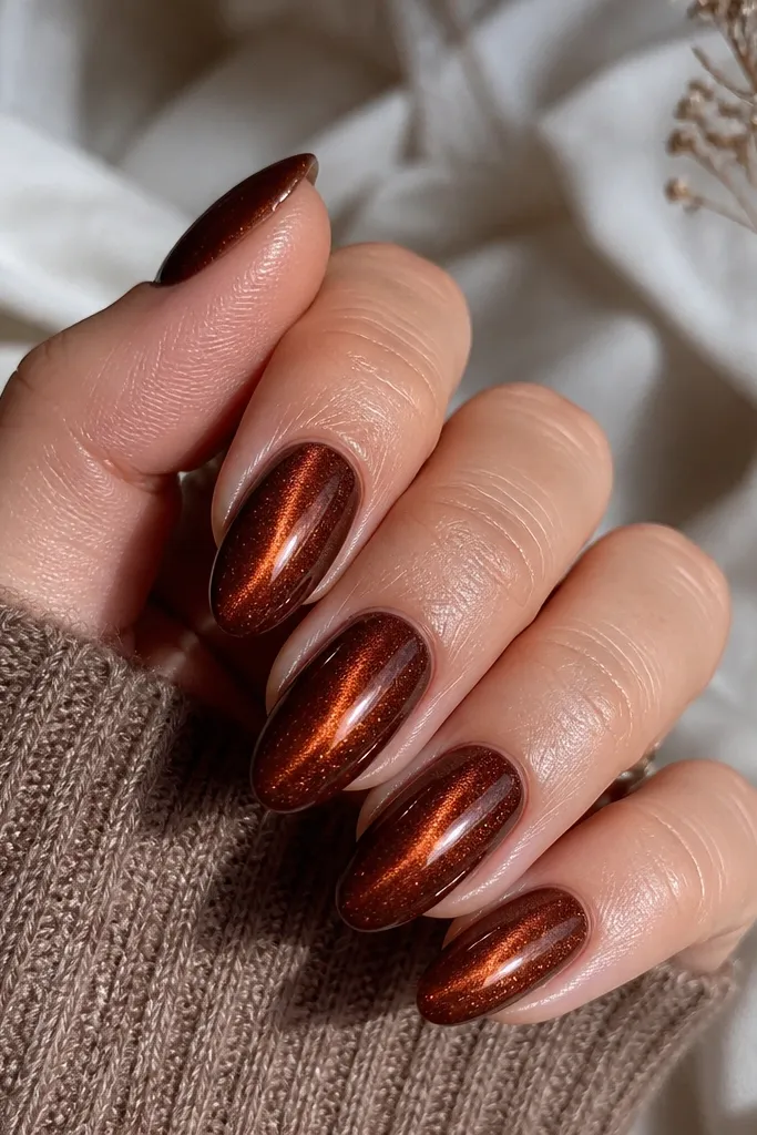 Medium almond nails in chestnut brown. The magnetic line shifts copper-orange instead of yellow-gold. Bright, centered streak with glossy finish.
