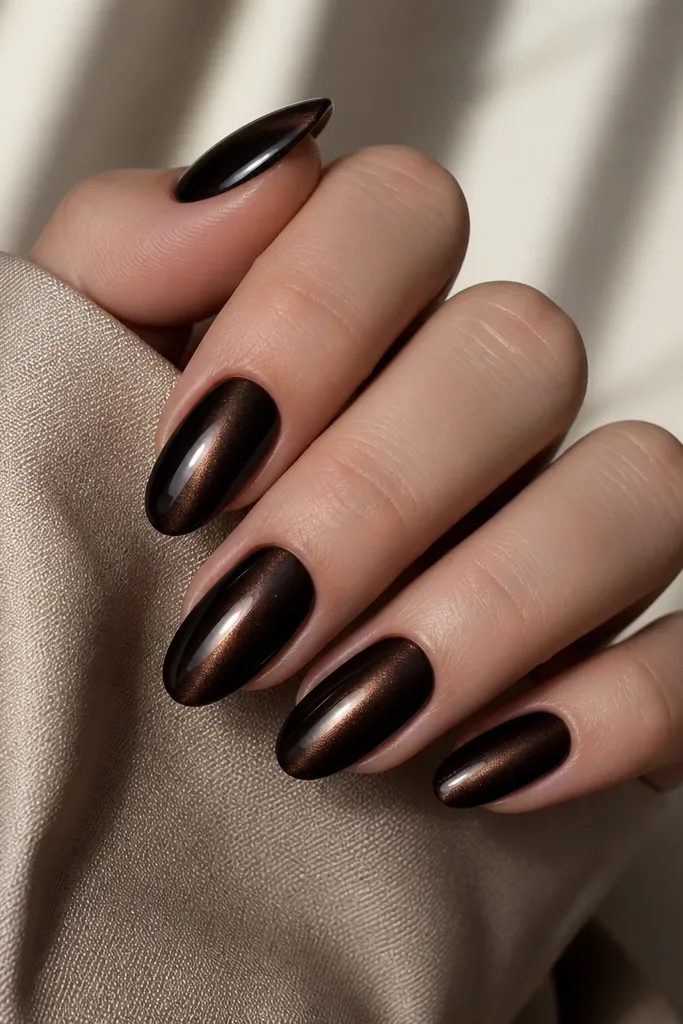 Very dark black-brown nails with a centered cat-eye streak. Around the streak, there's a faint halo effect that looks like the light spreads slightly, like a soft ring. Glossy finish.