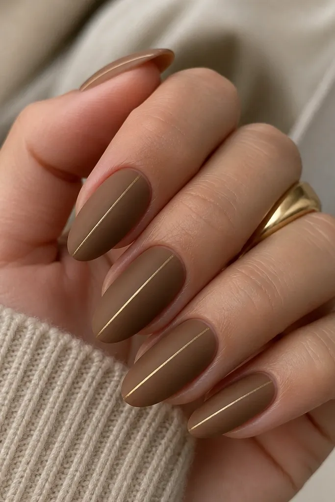 Glossy cat-eye streaks look muted under a matte finish. Nails are caramel brown with a centered gold line, but the surface is velvety matte with no shine. Clean, no extra art.