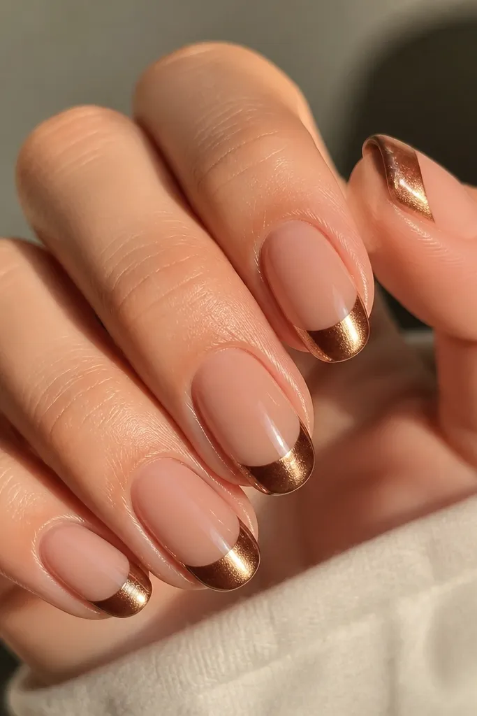 Nude base nails with a mocha brown French tip. The cat-eye streak sits in the French tip area, aligned vertically, glowing gold against the brown tip. Glossy overall finish.