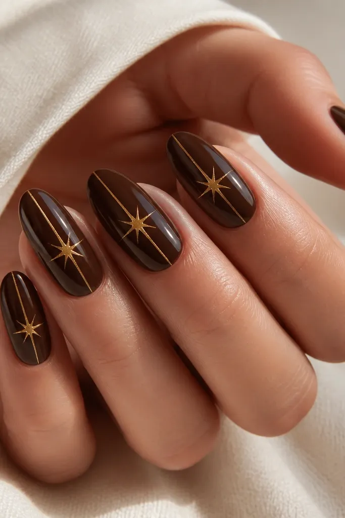 Deep espresso brown nails. The center line turns into a starburst effect that radiates short spikes from the middle, glowing gold. Glossy top coat, no extra art.