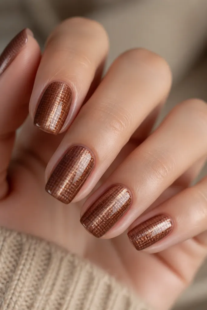 Warm brown nails with a cat-eye shimmer that breaks into a subtle checkerboard texture. The center still shows a faint vertical beam, but the shimmer looks patterned. Glossy finish.