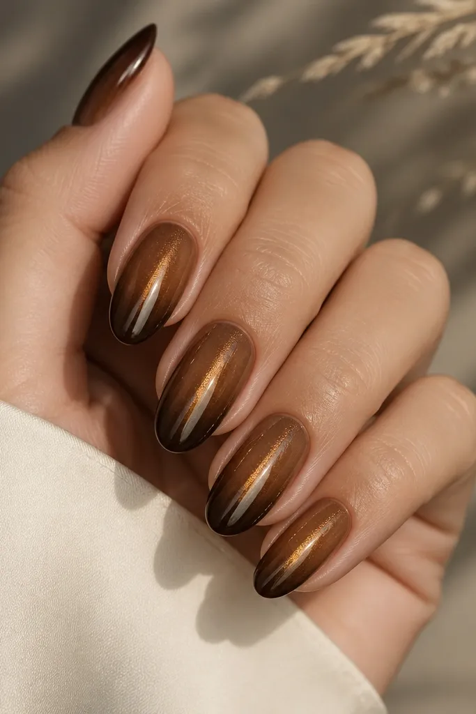 Nails have a two-tone brown base: lighter cocoa near the cuticle and darker espresso near the tip. A golden cat-eye streak runs down the center across both shades. Glossy finish.