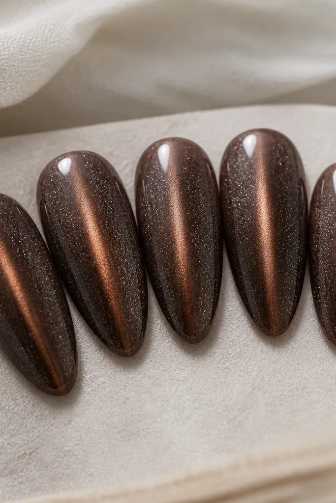 Five nails shown. Almond shape. Deep mocha brown cat eye stripe runs straight down the center. Around the stripe, there's a faint, misty layer of tiny silver micro-glitter that looks like haze rather than chunks.