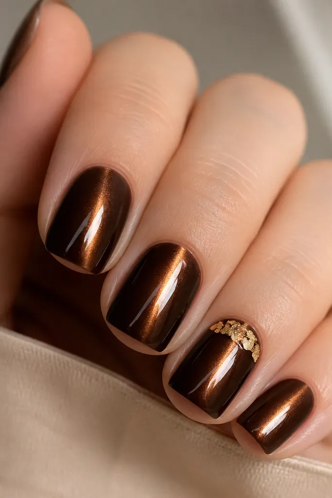 Four nails visible. Short square shape. Espresso brown cat eye with a strong, bright central stripe. One accent nail has tiny gold leaf pieces clustered right at the cuticle line, with no glitter spread beyond it.