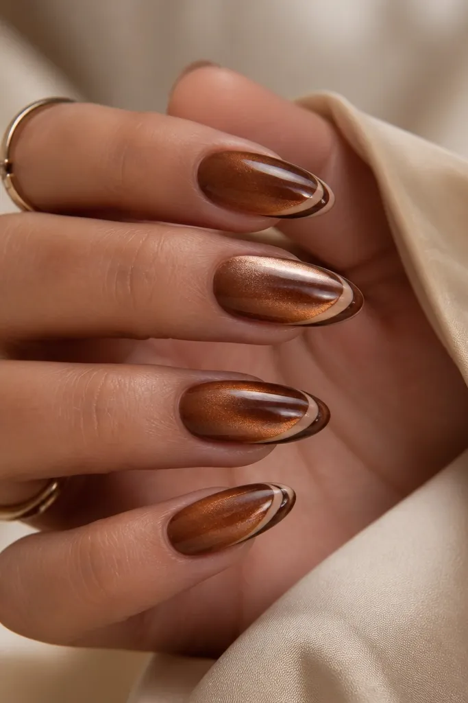 Oval nails. Caramel brown cat eye stripe runs down the center. The tip has two stacked half-moon arcs in lighter caramel nude and a thinner darker brown arc, creating a French-meets-arc look.