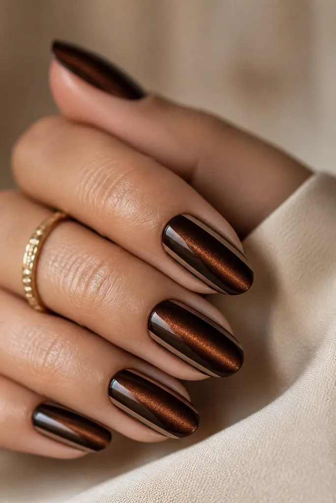 Medium almond nails. Dark chocolate cat eye stripe centered. Two thin nude bars sit along the left and right sides near the mid-nail, parallel to the stripe, like vertical rails.