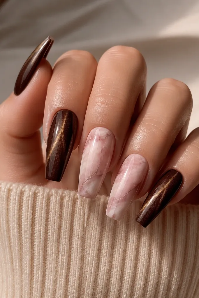 Long coffin nails. Espresso cat eye on most nails with a bright stripe. On two accent nails, there's a rose quartz-like swirl in pale pink and creamy white over the stripe area, with a faint cloudy marbling effect.