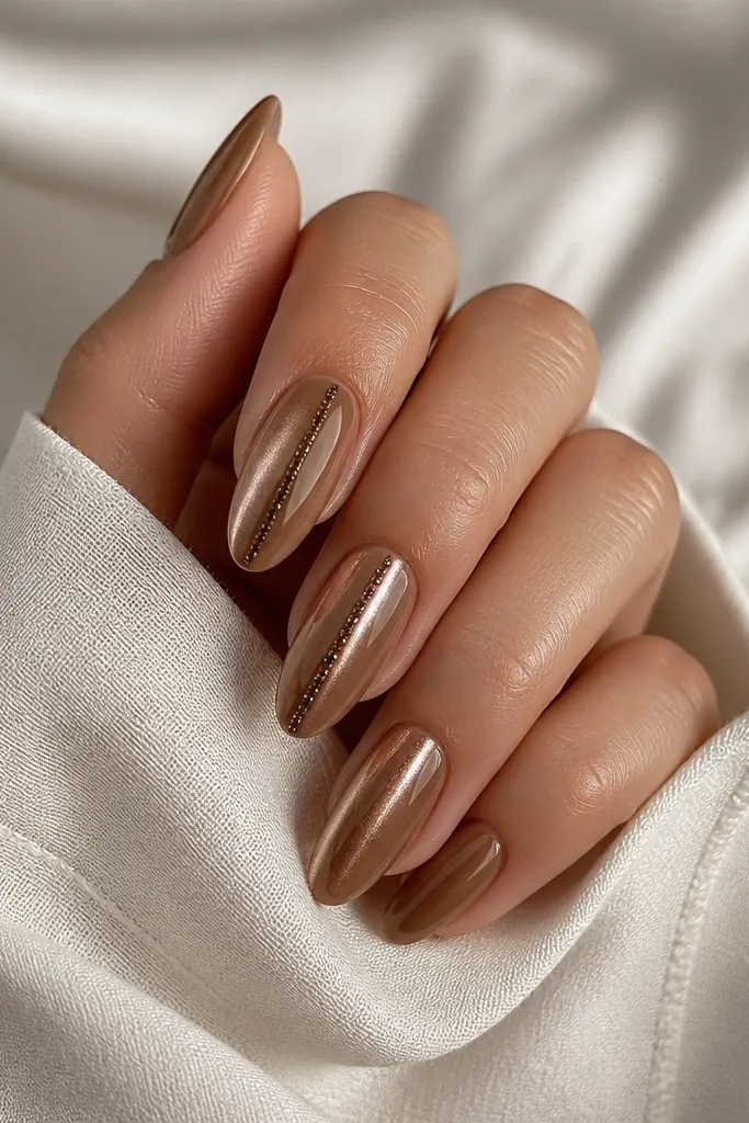 Almond nails with caramel latte brown cat eye stripe down the center. Along the stripe on two nails, there's a thin row of tiny brown rhinestones set like a straight road, stopping before the tip.