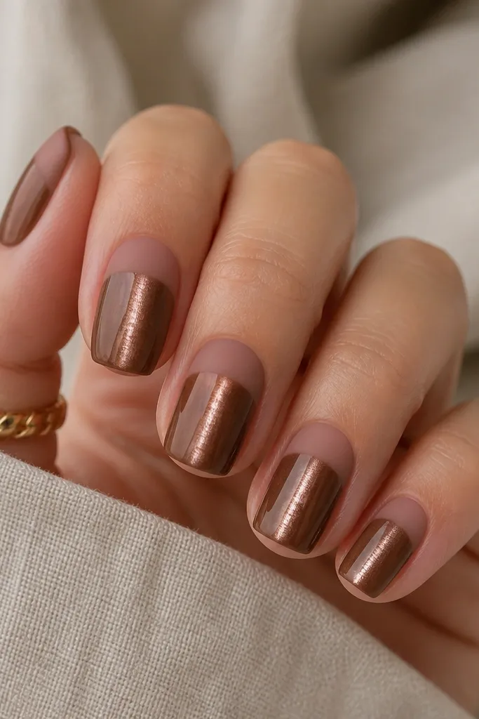 Short squoval nails. Mocha cat eye stripe centered and glossy. The top third of each nail has matte nude half-caps, like a soft rounded cap at the tip, with the cat eye stripe visible through the transition.