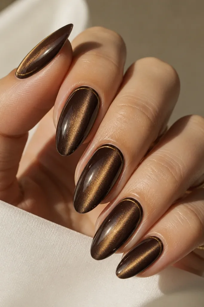Almond nails. Espresso brown cat eye with a bright center stripe. A fine gold gel line frames the nail - one line near each sidewall and a thin curve following the cuticle line.