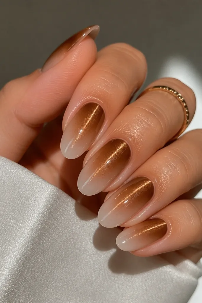 Medium oval nails. Caramel cat eye stripe centered. The tip fades from caramel brown into a milky nude gradient, with the stripe continuing through the fade.