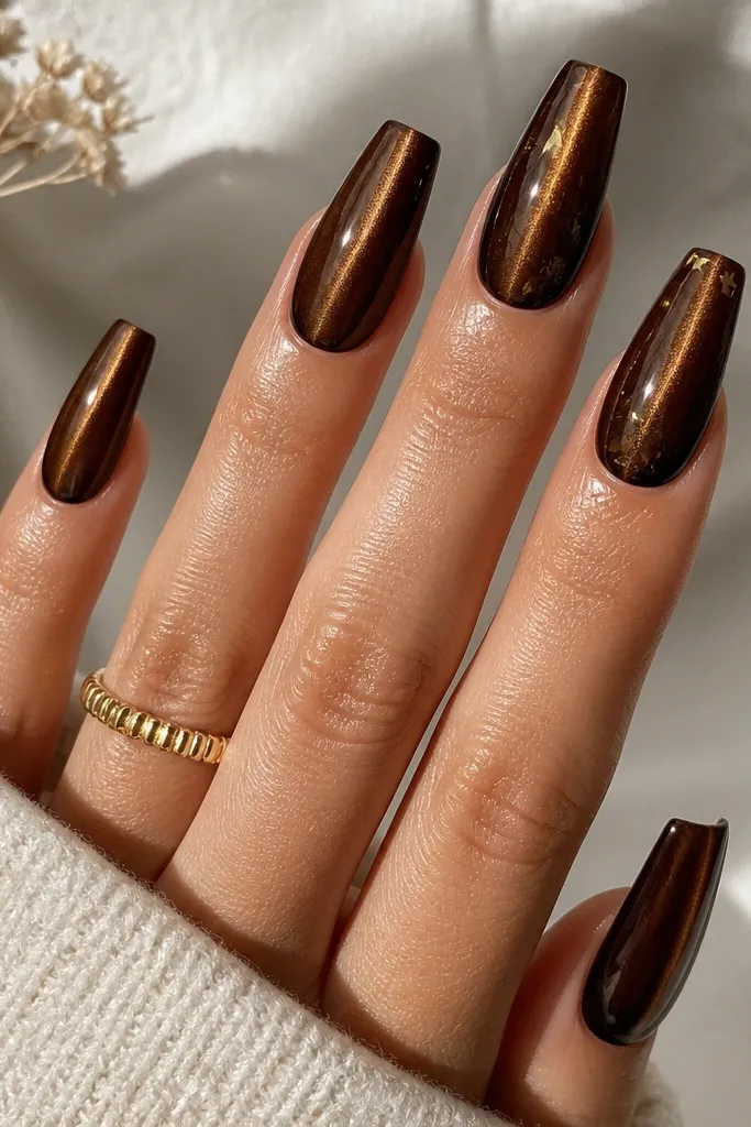 Coffin nails. Chocolate brown cat eye stripe centered. On one accent nail, there are a few tiny gold star confetti pieces scattered near the tip, not covering the stripe.