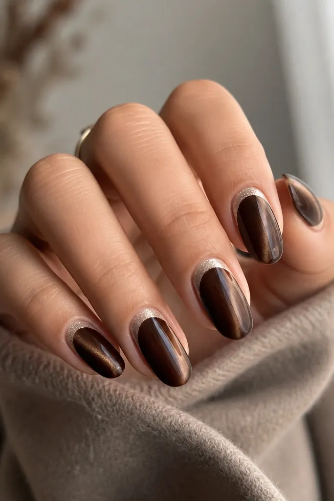 Short almond nails. Espresso brown cat eye stripe down the center. On each side near the cuticle, there's a thin crescent halo in silver shimmer gel, like a tiny moon on both sides.