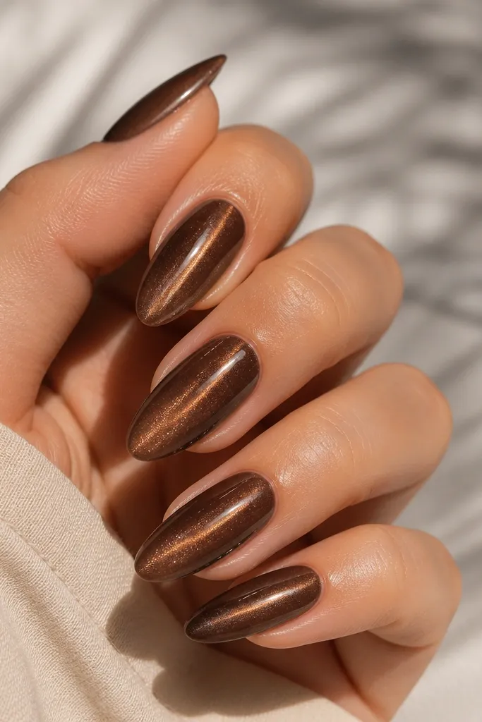 Long almond nails. Mocha brown cat eye stripe centered. The surface looks glassy and slightly thick like a jelly top, with a smooth dome effect over the stripe.