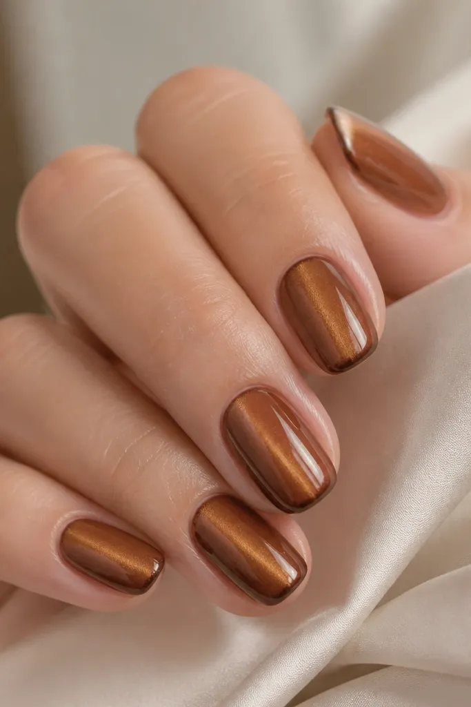 Round nails. Caramel brown cat eye stripe centered and glossy. The tips have a narrow espresso brown micro line, like a very thin French edge, about 1 mm wide.