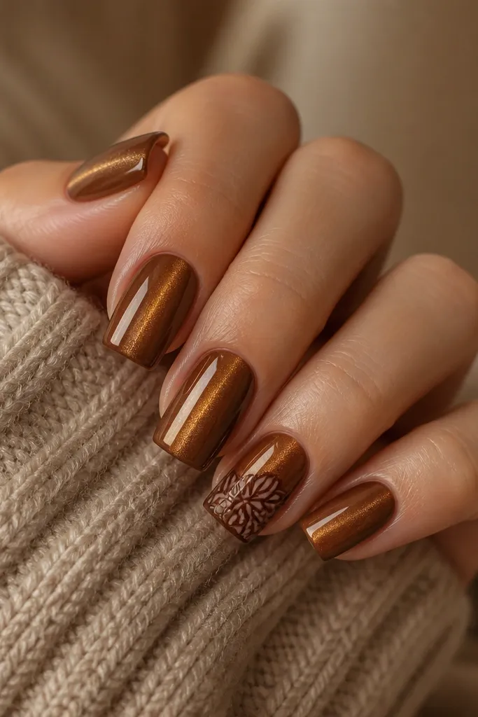 Square nails. Warm toffee cat eye stripe centered. On one accent nail, there's a chocolate half-stamp pattern on the tip half - like a stamped leaf or lattice pattern - while the stripe remains visible.