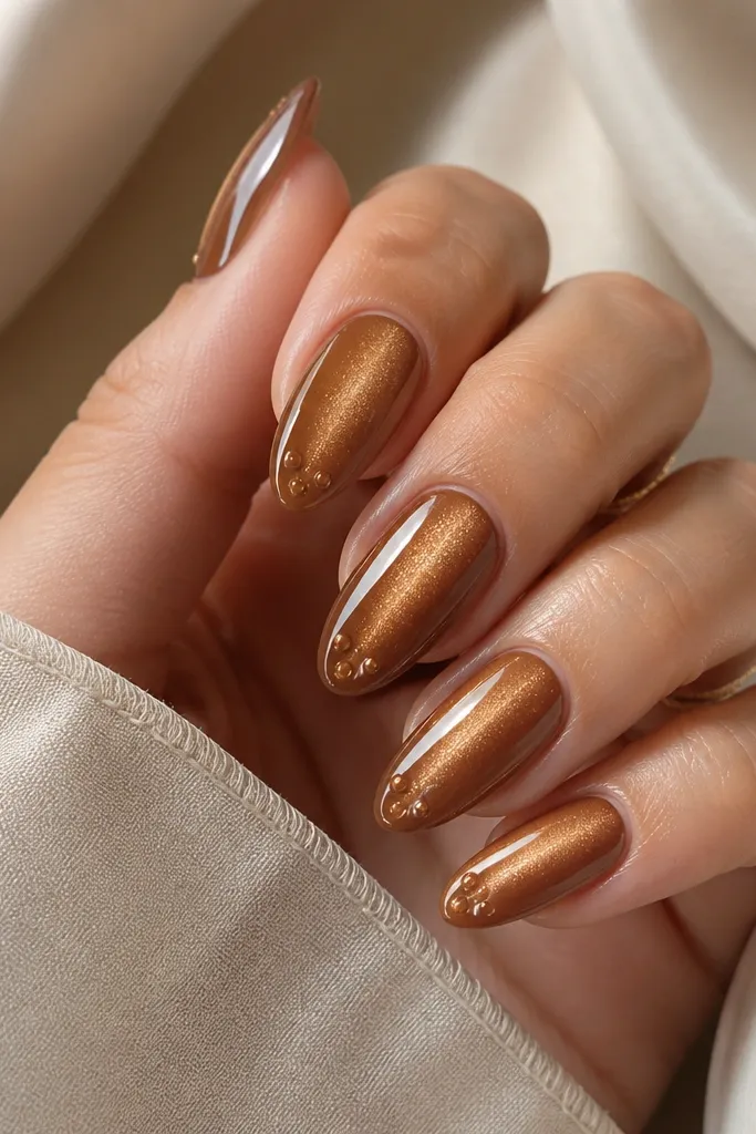 Almond nails. Caramel cat eye stripe centered. Along the stripe near the tip, there's a single curved beadline made from raised gel dots - three or four beads forming a gentle arc.