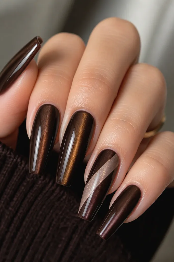 Coffin nails. Espresso brown cat eye stripe centered. One accent nail has a taupe diagonal ribbon that crosses from lower left to upper right, with sharp edges and a slight metallic sheen.