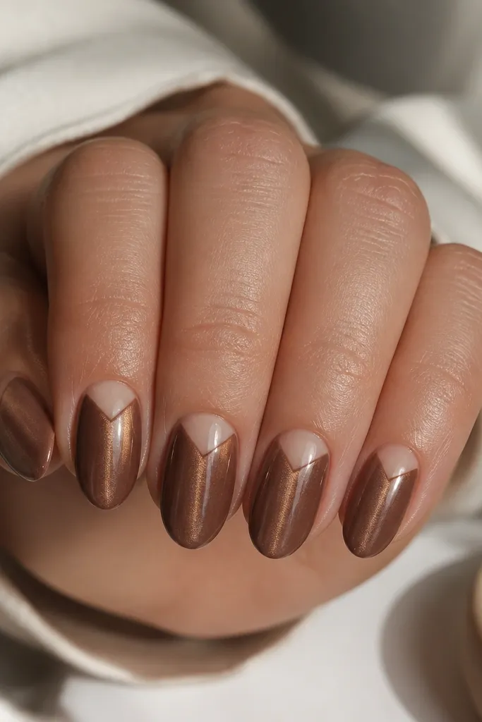 Short almond nails. Mocha cat eye stripe centered. At the cuticle, there's a nude V-shape that points down toward the center, with two clean lines forming a V under the cuticle.