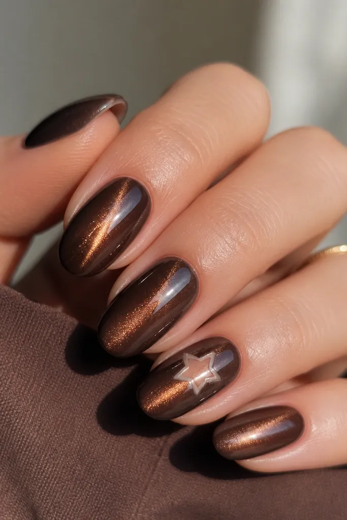 Medium oval nails. Chocolate cat eye stripe centered and glossy. On one accent nail, there's a small star shape left clear (negative space) around the stripe area, with the star outline crisp and the center left bare.