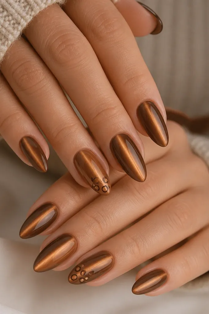 Almond nails. Caramel cat eye stripe centered. Two accent nails show a small cluster of dots near the tip - each dot is outlined in espresso with a caramel interior, like tiny outlined bubbles.
