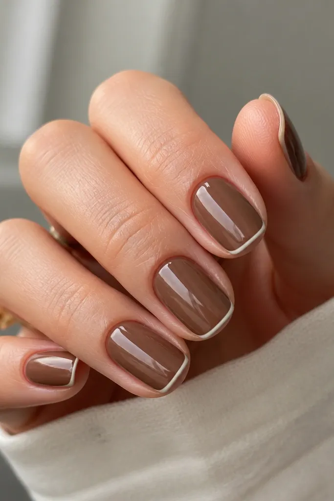 Short squoval nails painted a creamy milk-chocolate brown with a crisp, thin white-cream border at the tips; the rest is glossy and reflective like glass.