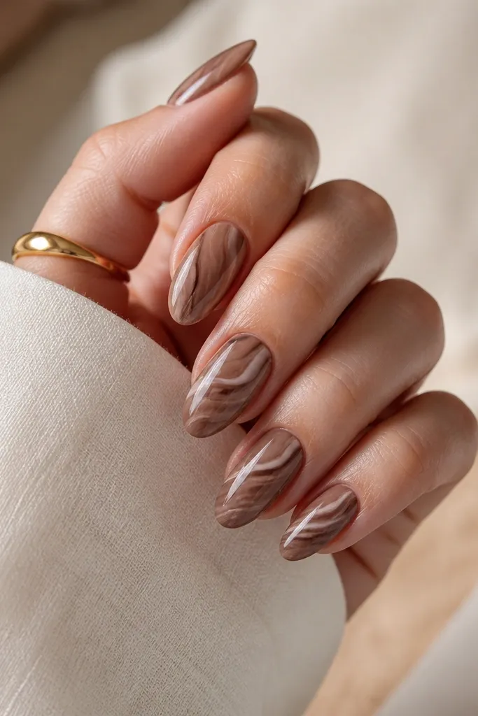 Medium almond nails with a mocha-brown base and thin, cream-and-tan marble swirls running diagonally across each nail.