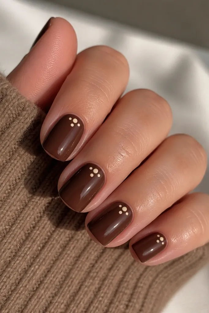 Short squoval nails painted cocoa brown with three tiny cream dots clustered near the cuticle on each nail like small stars.