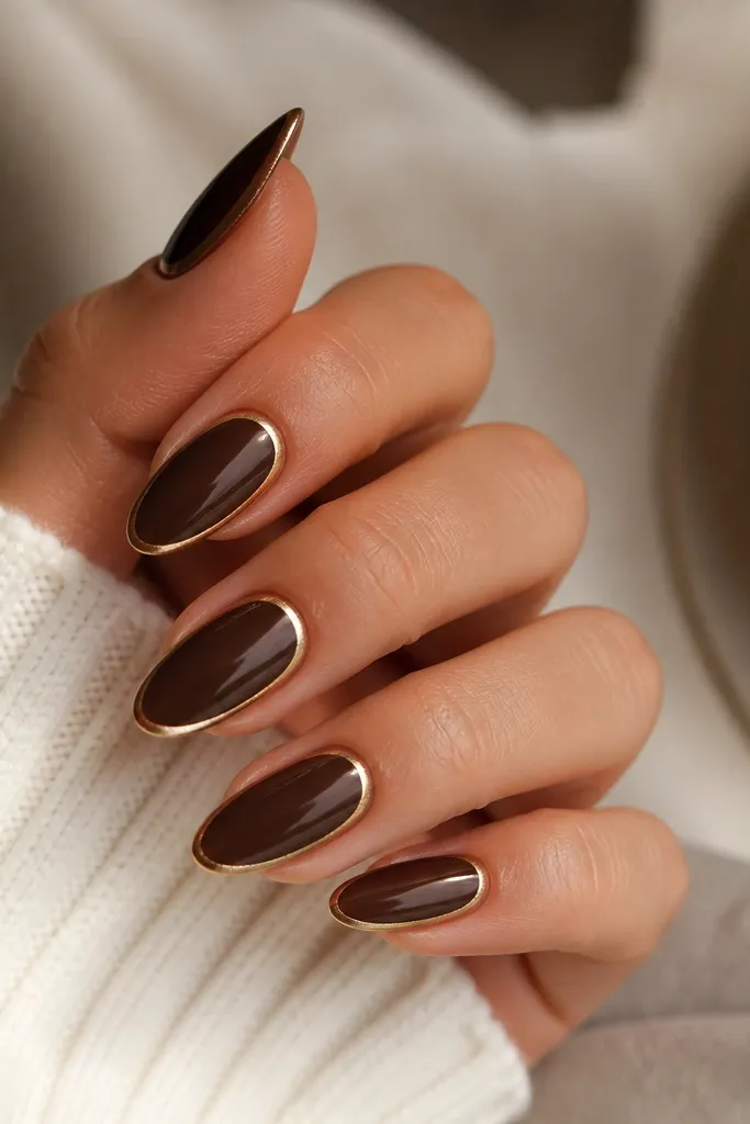 Almond nails with a solid espresso-brown base and a thin metallic gold foil strip tracing the side edges, like a picture frame.