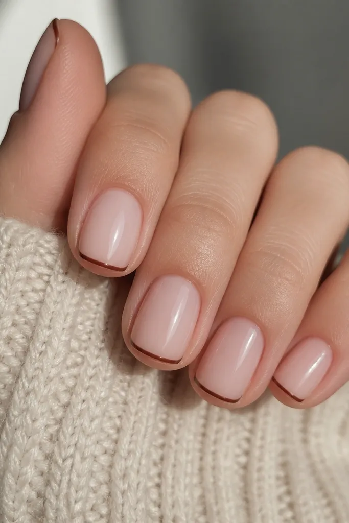 Short squoval nails with nude base and a super-thin chestnut-brown French line at the tip; the line is straight and centered.