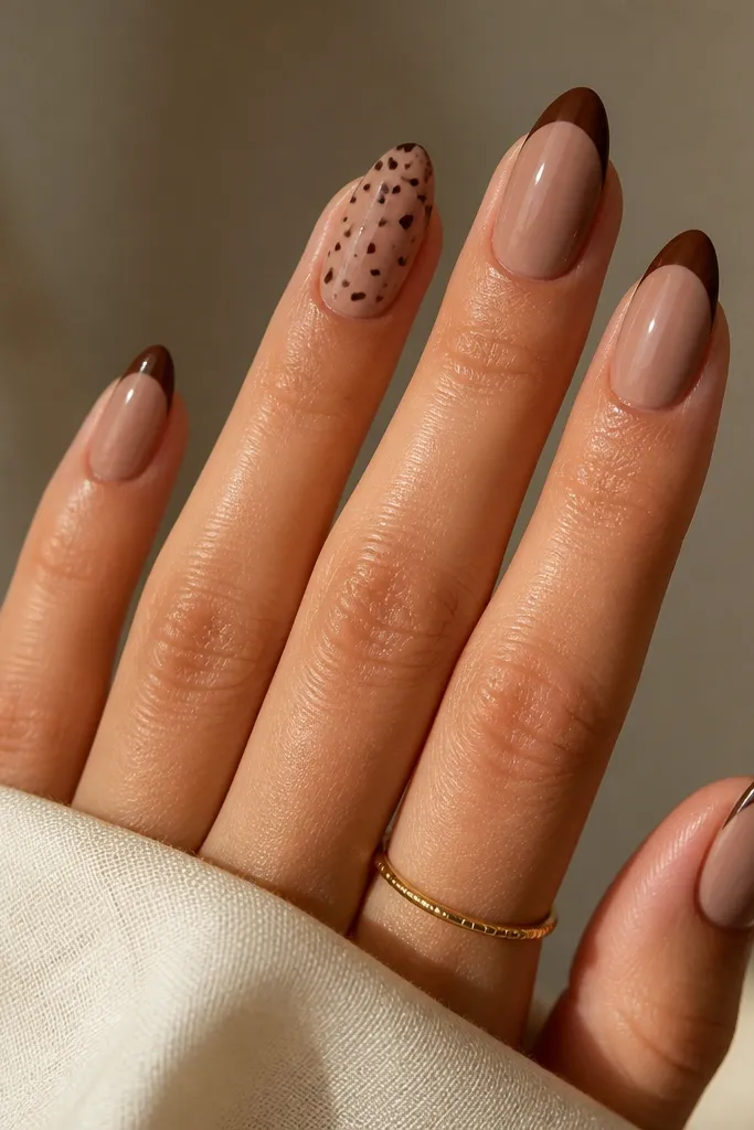 Most nails are solid nude with a glossy finish, while one nail per hand has a chocolate-brown base with tiny irregular cream "chip" flecks.