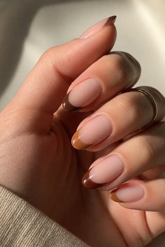 Short almond nails with nude bases and each nail has a different brown tone only on the tips: espresso, caramel, and warm cocoa, blended softly.