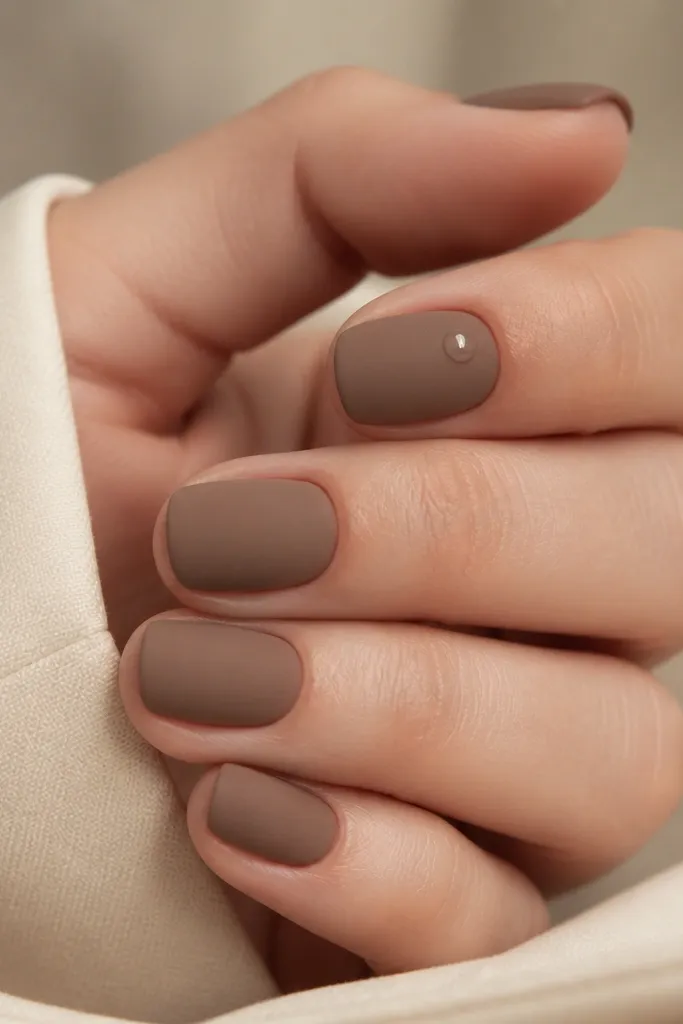 Short squoval nails in hazelnut brown with a soft matte finish; one nail has a tiny glossy dot near the cuticle.