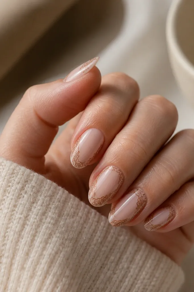 Short almond nails with nude base and thin caramel-brown linework that forms a loose lace pattern on the sides, leaving the center mostly bare.