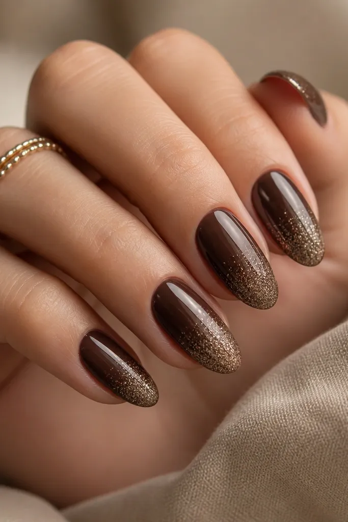 Medium almond nails with a smooth chocolate-brown base and a glitter fade concentrated at the tip, transitioning down into plain brown.
