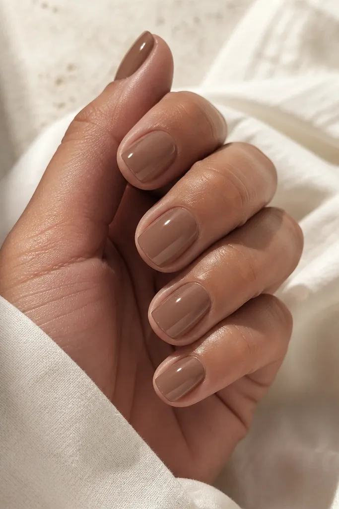 Short squoval nails painted a warm brown nude that matches the skin tone; the nails are glossy and look like they're one perfect color.