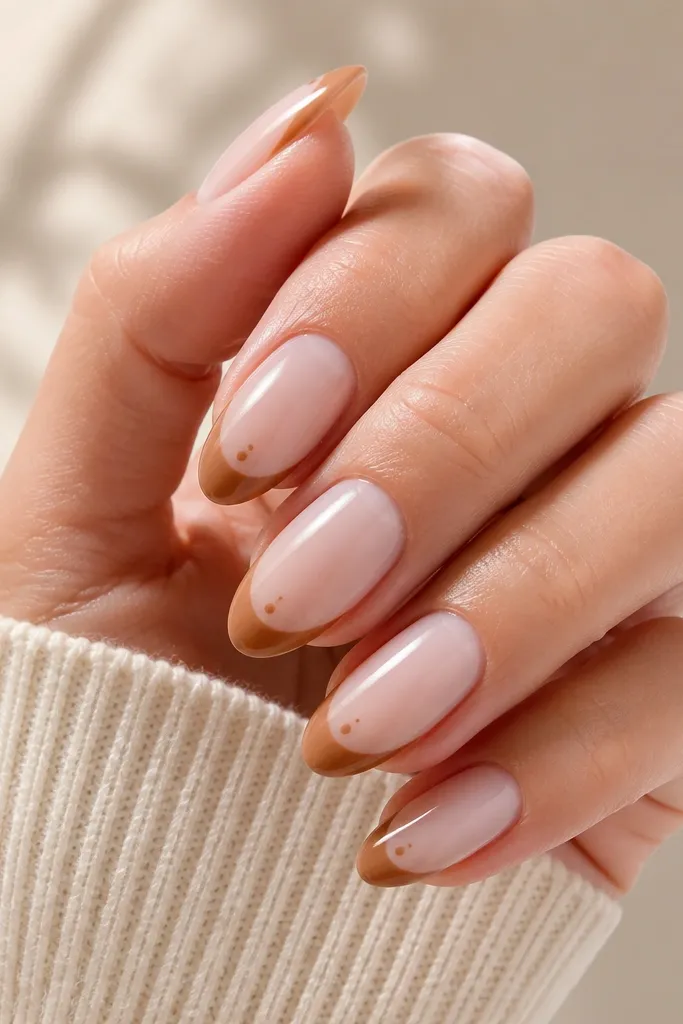 Almond nails with nude base and a thin caramel-brown French line; at each side of the tip, there's a tiny dot like a corner accent.