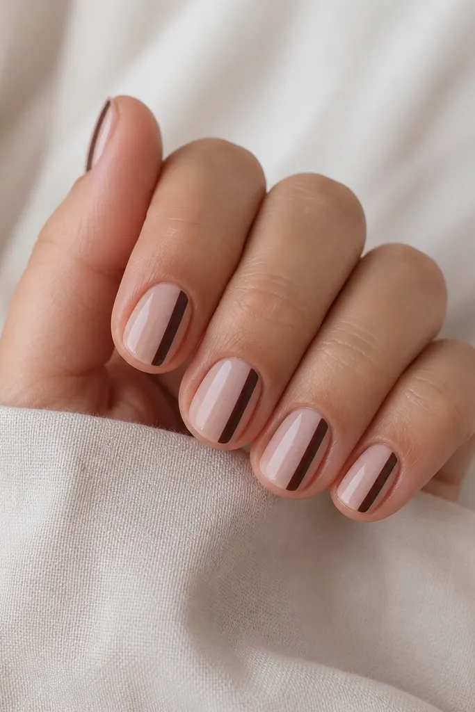 Short squoval nails with a nude base and one deep espresso-brown stripe running vertically along the right sidewall on each nail.