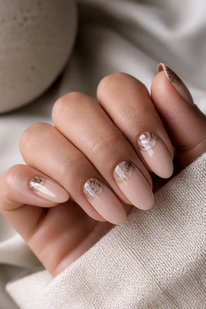 Medium almond nails with a nude base; a marble half-moon at the cuticle in mocha and cream, blending outward slightly.