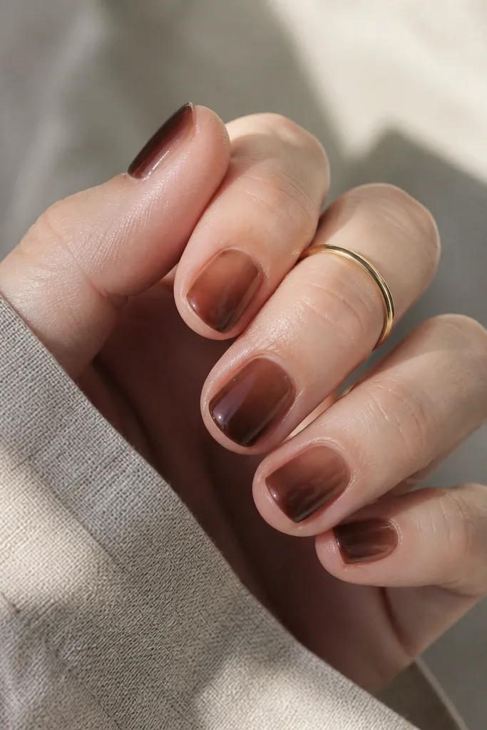 Short nails with a translucent chocolate-brown jelly look, showing a soft natural glow through the color; tips are slightly darker.